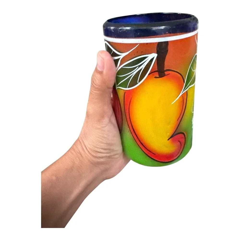 Vintage Mexican Hand Blown Painted Fruit Glass Tumblers Cobalt Blue Rim Set